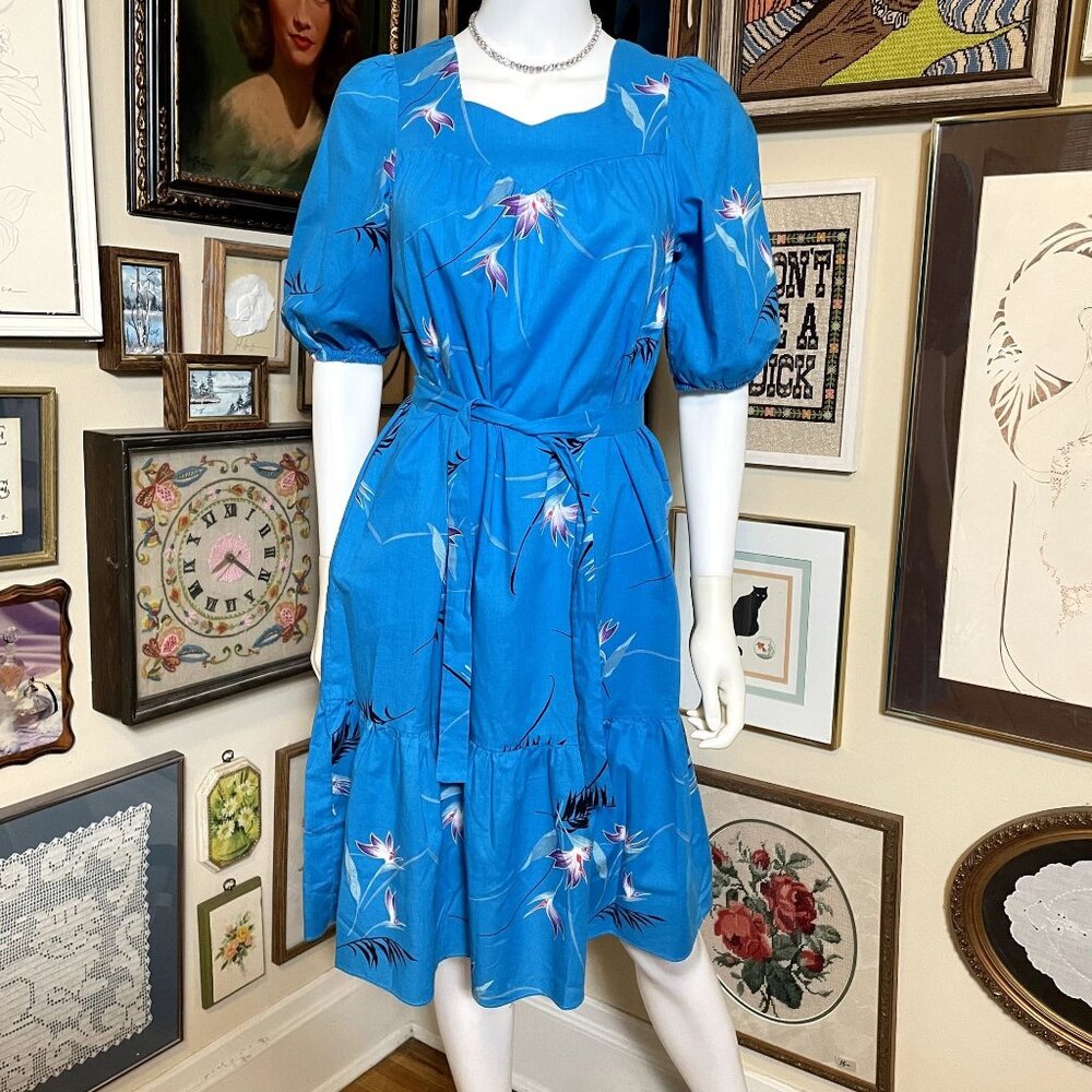 80s Vintage Royal Palm Blue and Purple Bird of Paradise Hawaiian Floral Dress S
